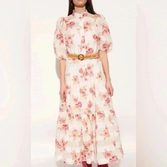 Zimmermann Rosa Midi Dress 2 US 8 M Silk Cotton Floral Stripe Tiered Belted Maxi - Picture 5 of 16